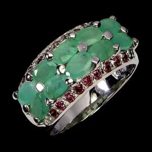 Natural Emerald & Rhodolite Garnet Ring in 925 Sterling Silver Size 8